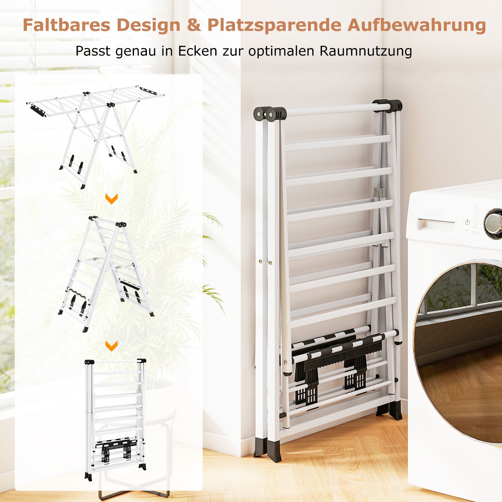 wäscheständer platzsparend, Wäscheständer klappbar, mit verstellbaren Flügeln, Lange 163 cm, Weiß, Costway, 5