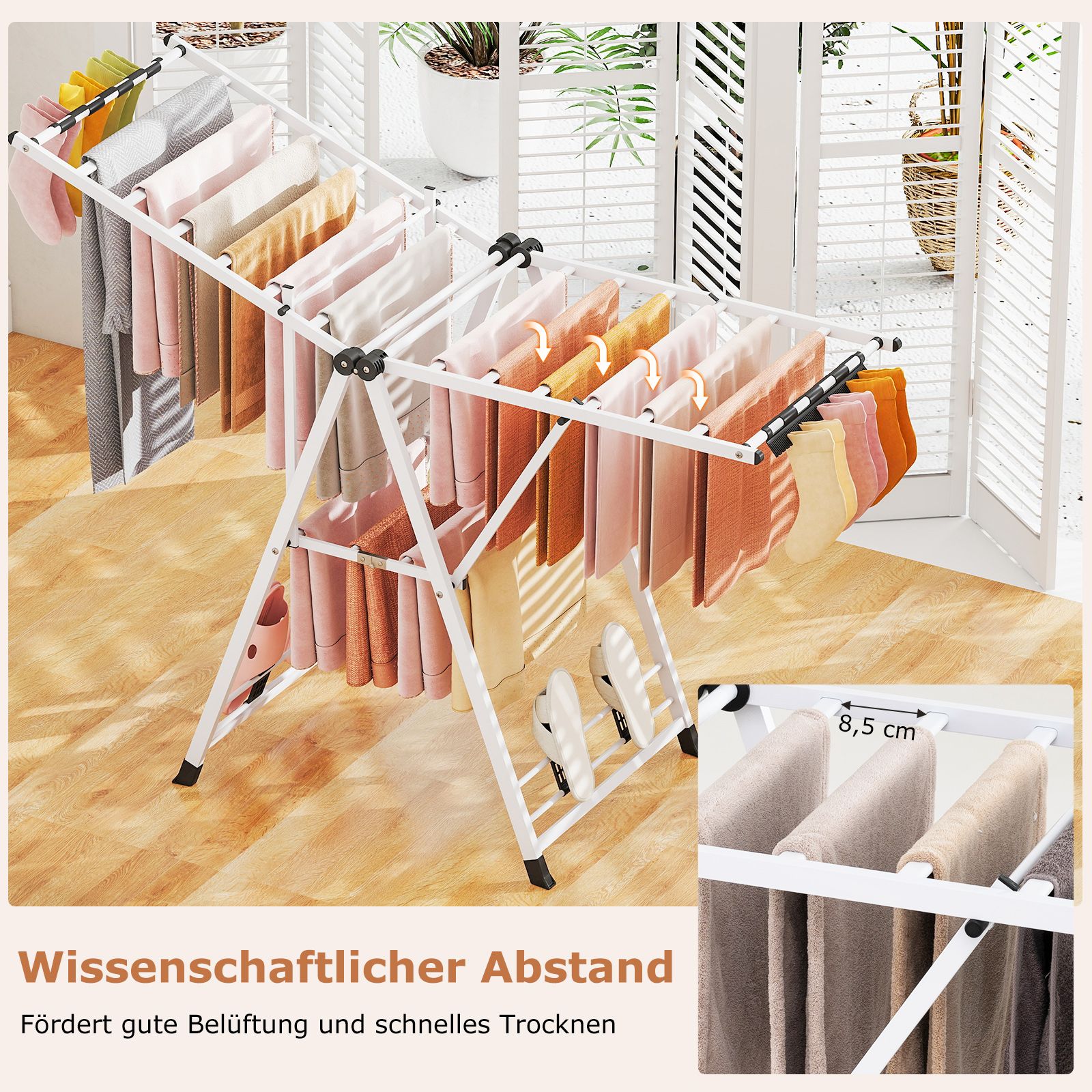wäscheständer platzsparend, Wäscheständer klappbar, mit verstellbaren Flügeln, Lange 163 cm, Weiß, Costway, 6