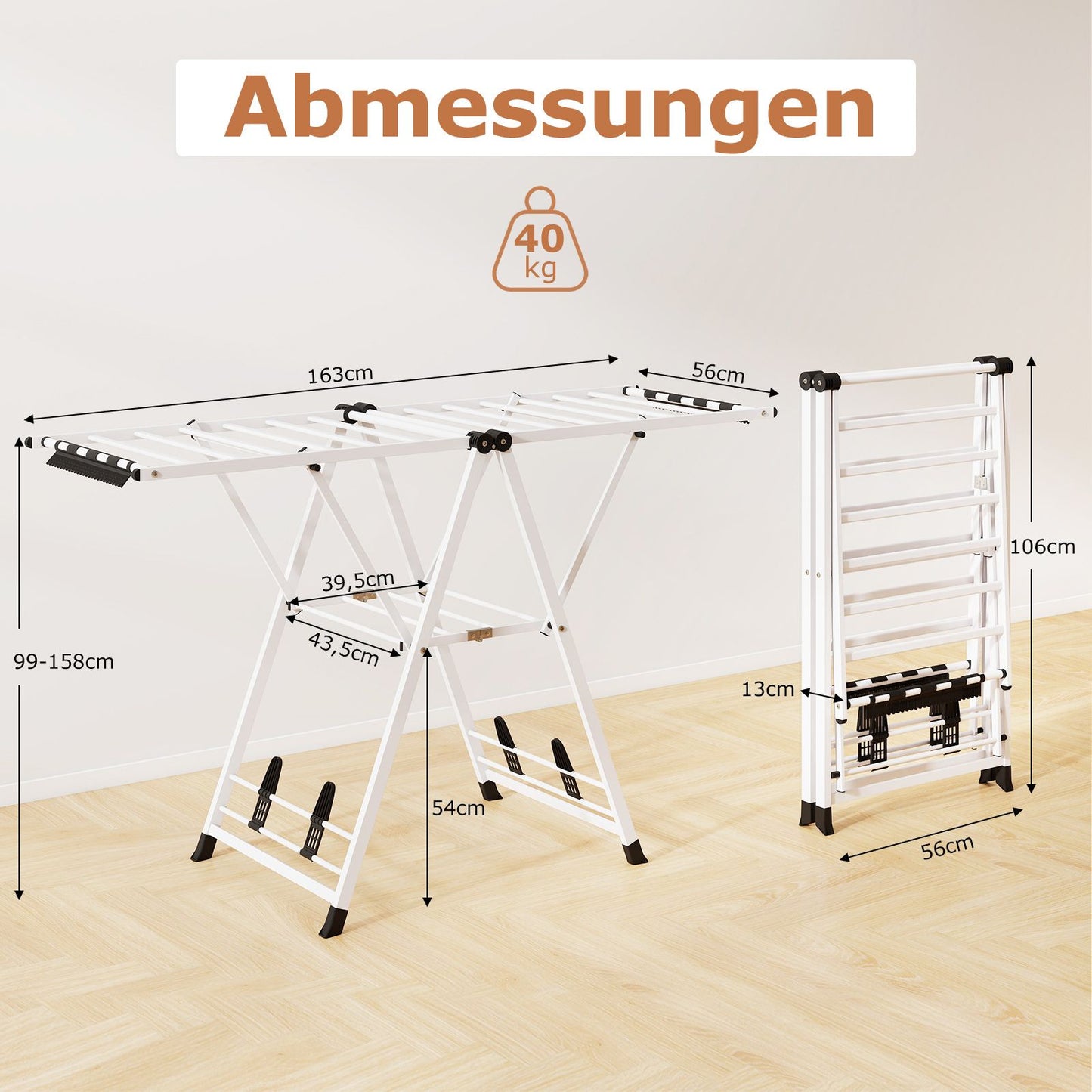 wäscheständer platzsparend, Wäscheständer klappbar, mit verstellbaren Flügeln, Lange 163 cm, Weiß, Costway, 3