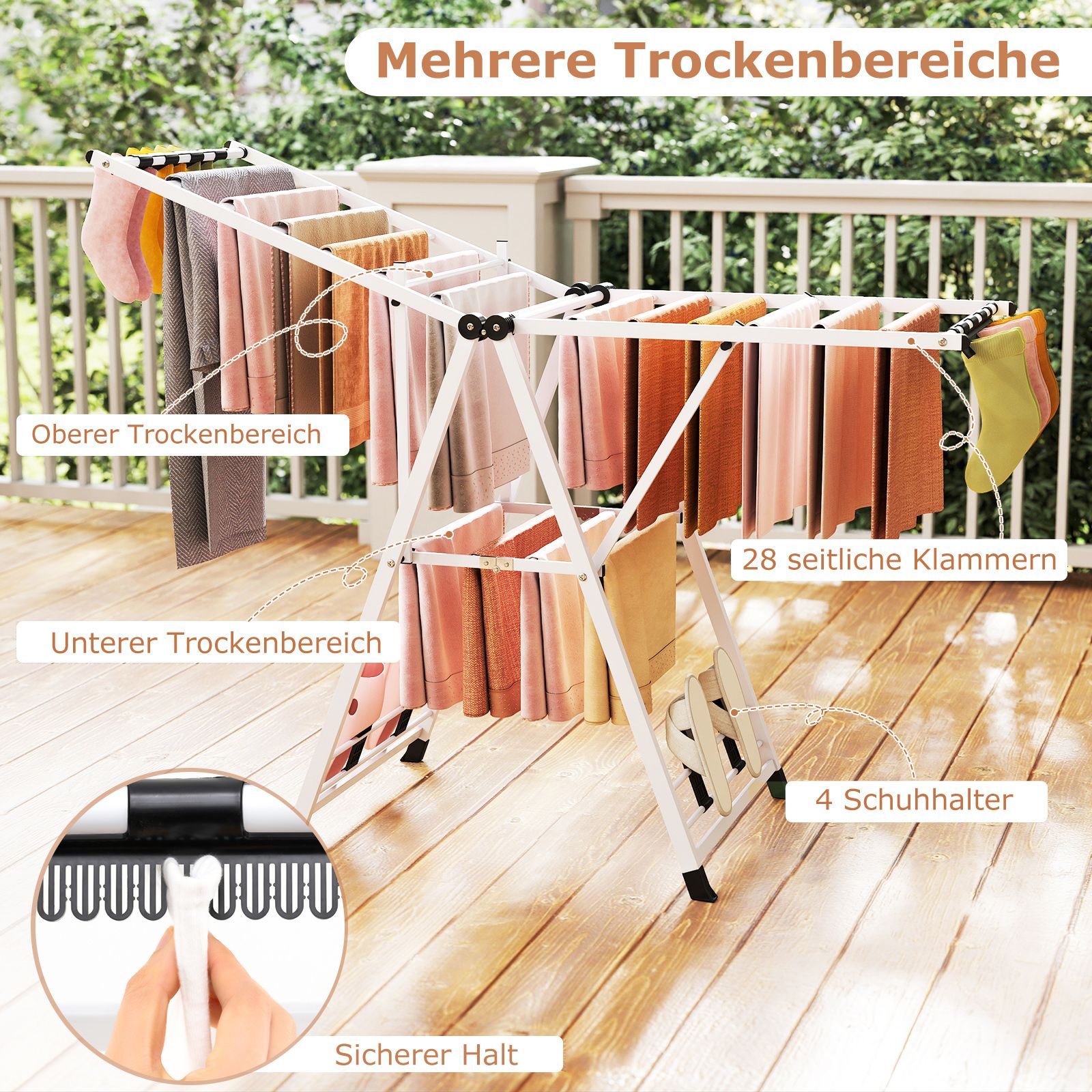 wäscheständer platzsparend, Wäscheständer klappbar, mit verstellbaren Flügeln, Lange 163 cm, Weiß, Costway, 7