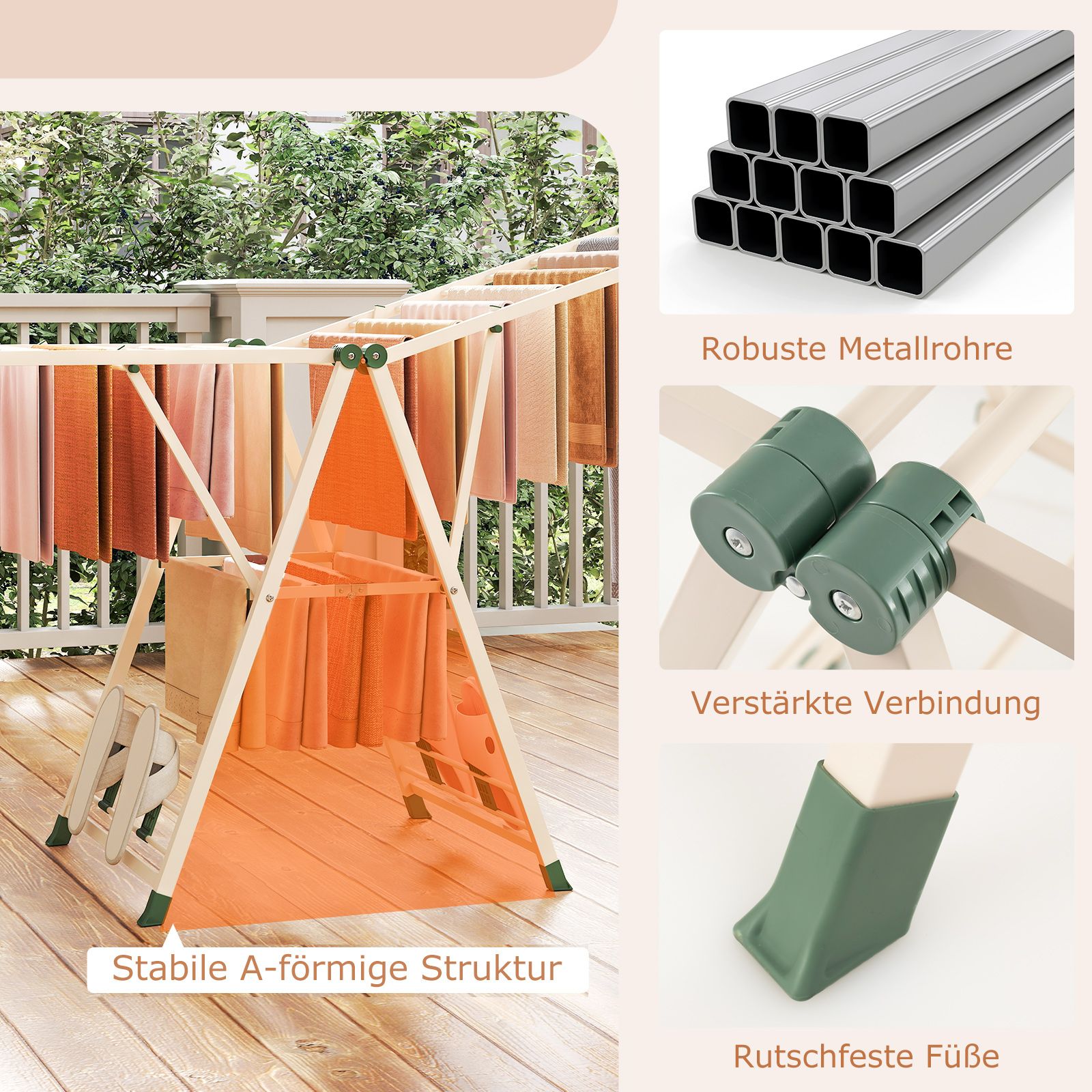 Wäscheständer Platzsparend, Wäscheständer Klappbar, Höhenverstellbare Flügeln Wäschetrockner, Beige, Costway, 7