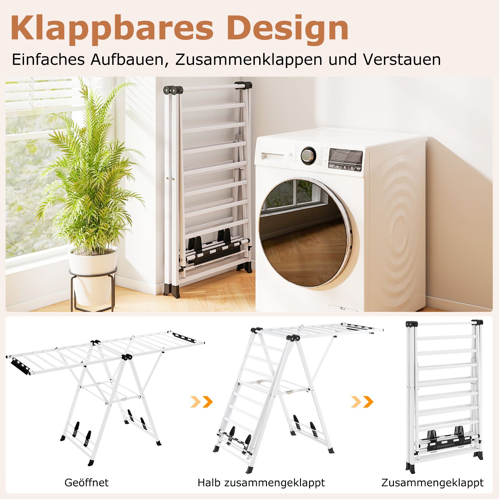 Wäscheständer Platzsparend, Wäscheständer Klappbar, Höhenverstellbare Flügeln Wäschetrockner, Weiß, Costway, 5