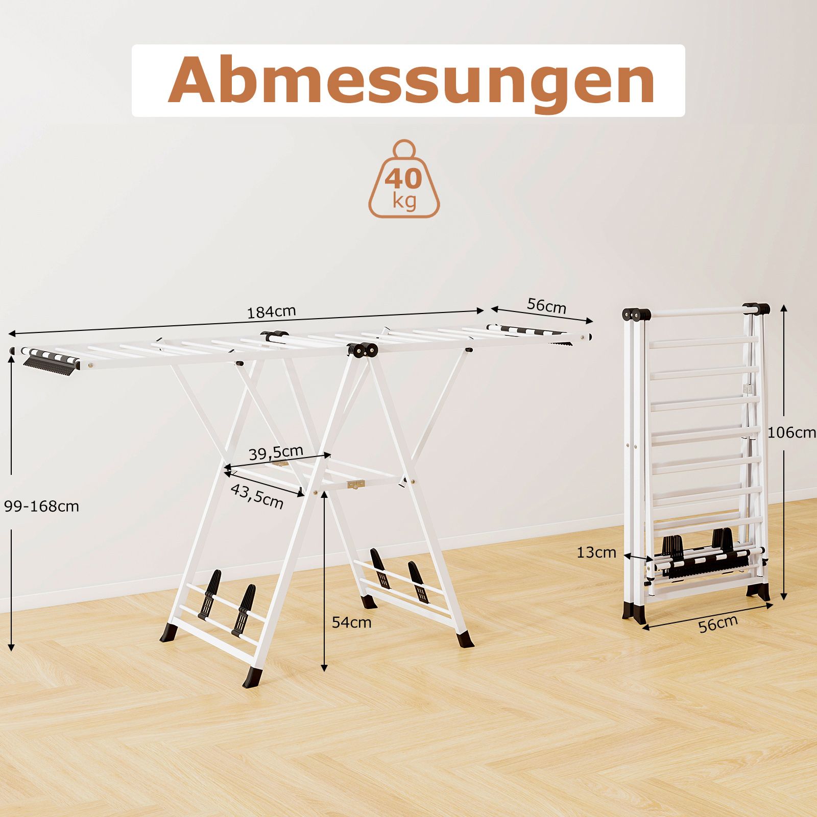 Wäscheständer Platzsparend, Wäscheständer Klappbar, Höhenverstellbare Flügeln Wäschetrockner, Weiß, Costway, 3