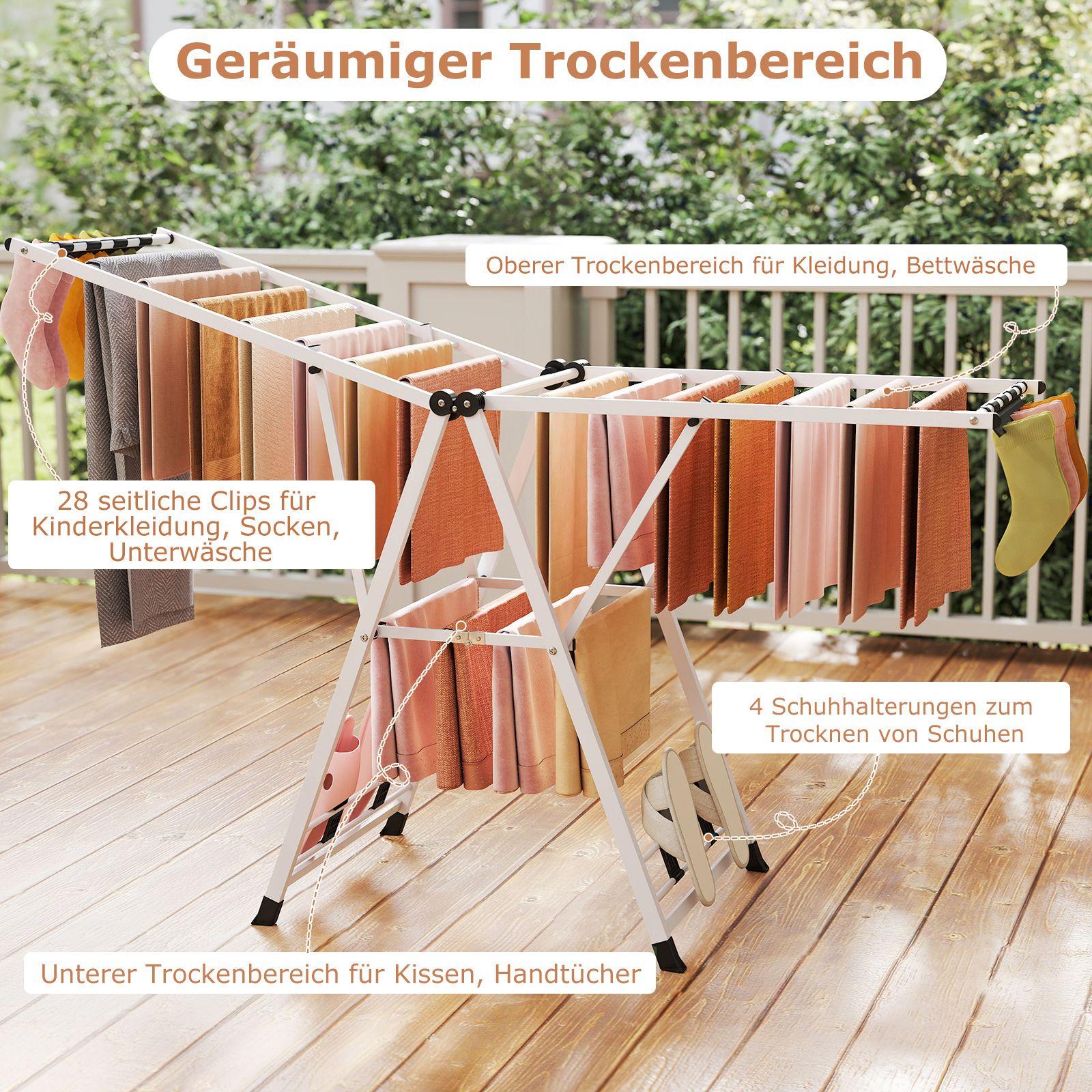 Wäscheständer Platzsparend, Wäscheständer Klappbar, Höhenverstellbare Flügeln Wäschetrockner, Weiß, Costway, 4