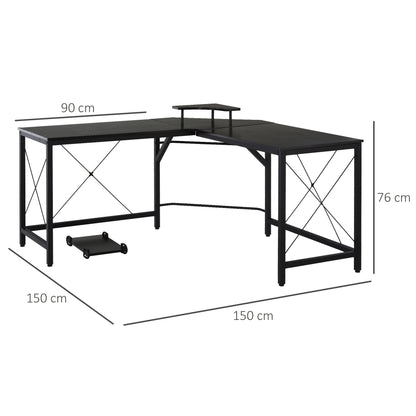 HOMCOM - Eckschreibtisch  L-förmiger Computertisch, Schreibtisch mit Monitorständer, Industrie-Design, Stahl, Schwarz, 150x150x76cm