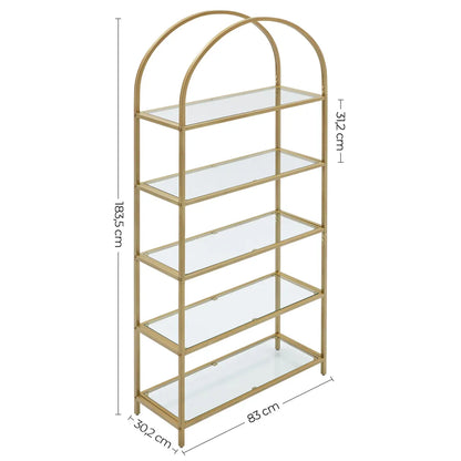 Bücherregal mit 5 Ebenen 183,5 cm hoch Standregal aus Hartglas stabil einfach Aufbau bogenförmig golden, Vasagle, 6