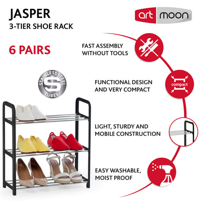 art moon Jasper - Schuhregal, auf 3 Etagen, Rostfrei, Platzsparend, Schuhablage 3 Ebenen, Stahlrohr, Plastik, Schwarz, Silber