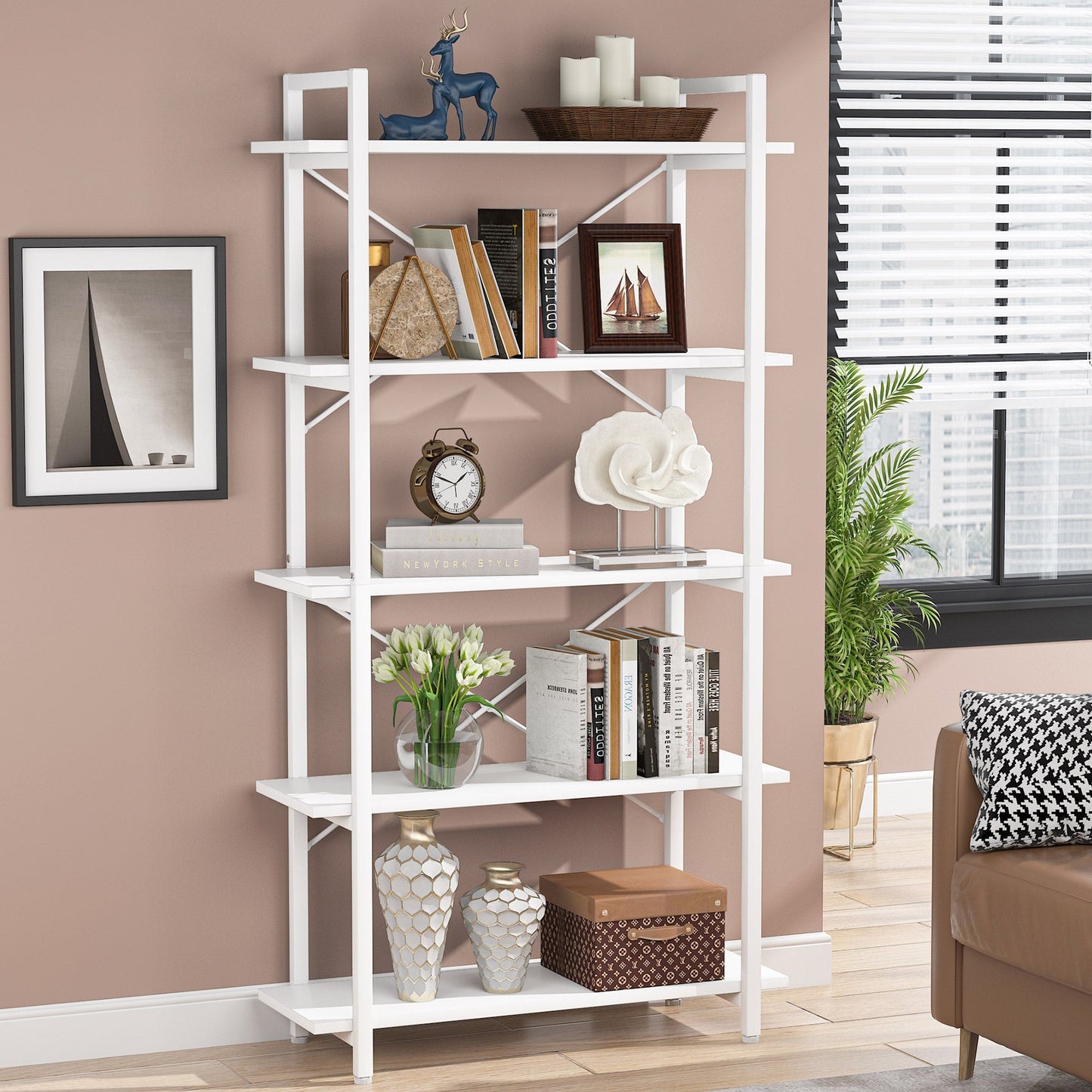 Tribesigns - Bücherregal, 5 Ebenen, weißes Bücherregal mit Metallrahmen, modernes hohes Bücherregal für Wohnzimmer, Arbeitszimmer, Home Office, weiß