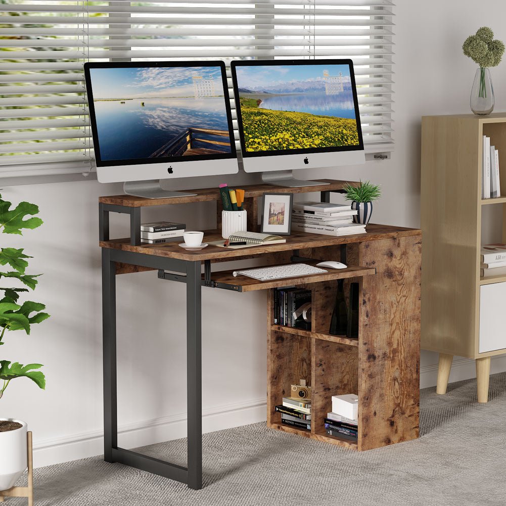 Schreibtisch, gaming schreibtisch, mit Metallrahmen, 4-Würfel-Bücherregal. Laptopständer, 107x50x92 cm - Tribesigns