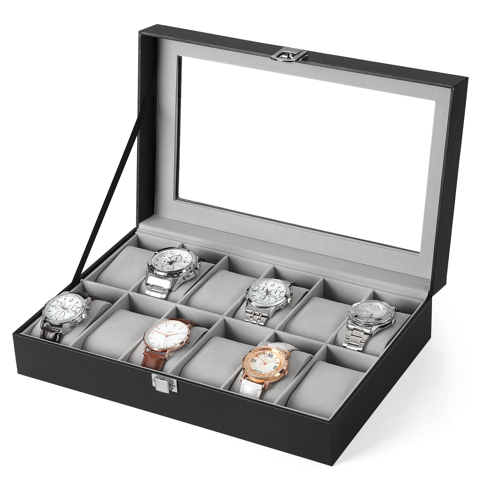 Songmics - Uhrenbox mit 12 Fächern, Uhrenkasten mit Glasdeckel, Uhrenkoffer mit herausnehmbaren Uhrenkissen, Weihnachten, Premium-Uhrenschatulle