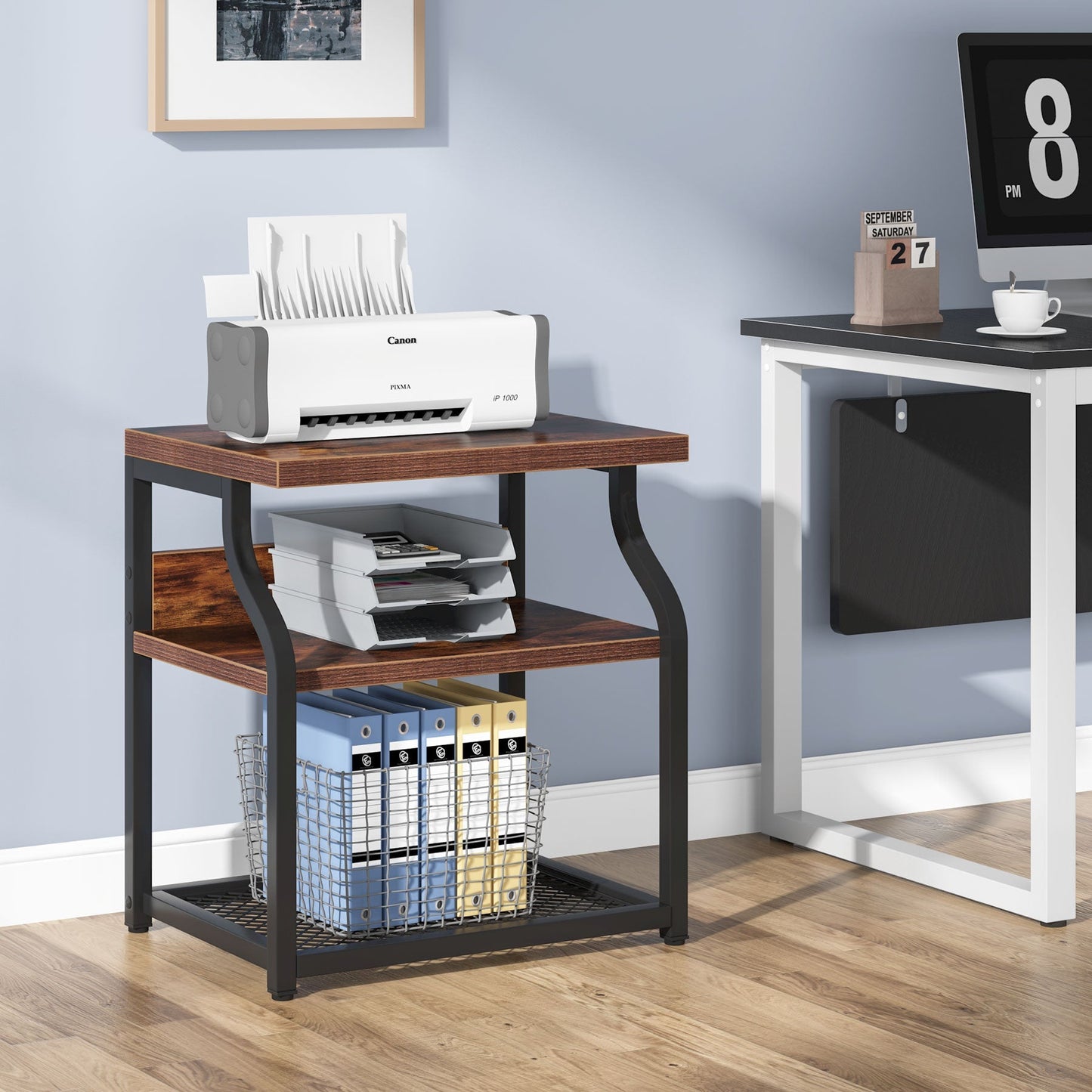 Tribesigns - Druckerständer mit 3 Ablagen, Rolling Printer Table Machine Cart mit Rädern, Mobile Desk Organizer Regale für Büro, Rustikales Braun