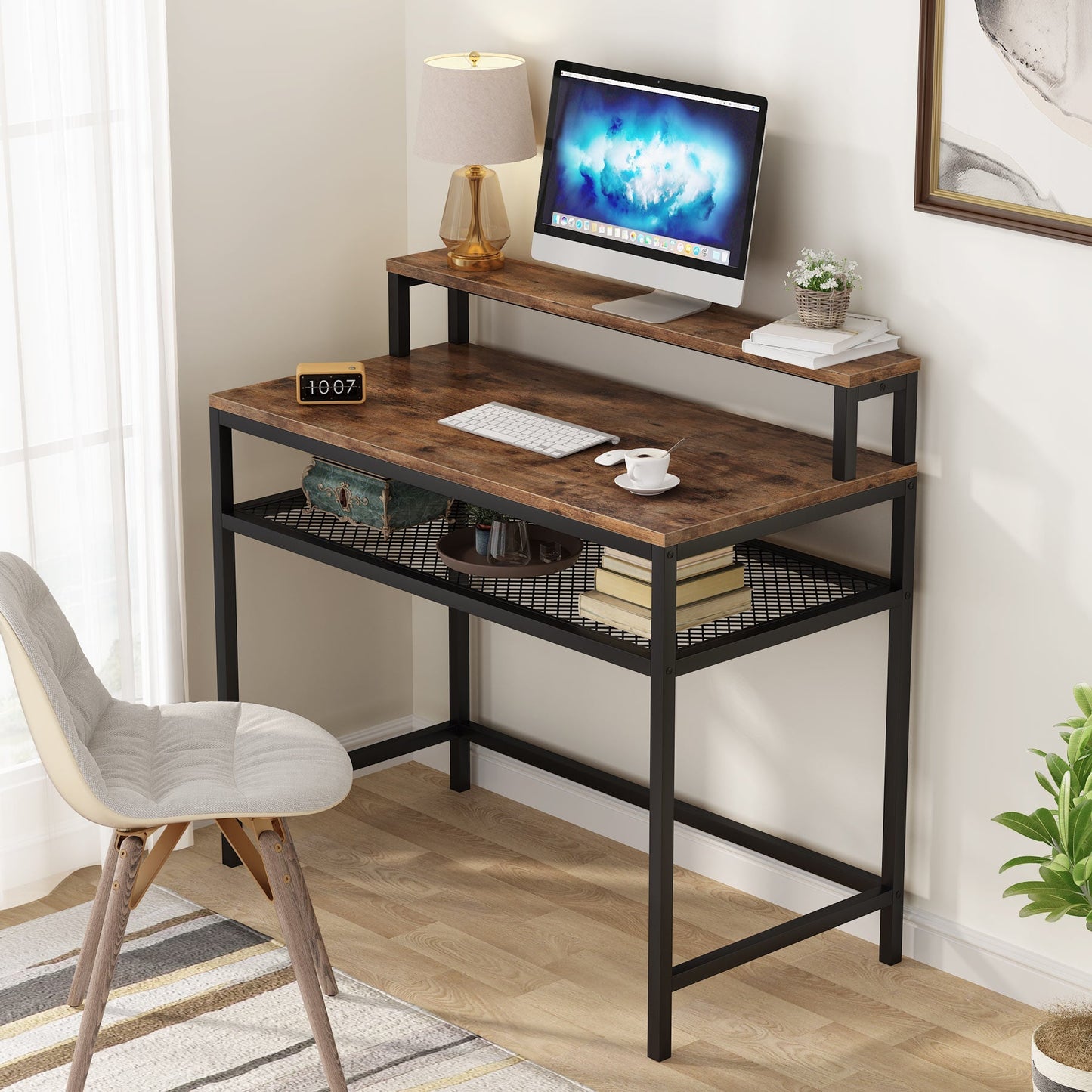 Tribesigns - Computer Schreibtisch, Schreibtisch, Schreibtisch Workstation mit Eisenrohrrahmen, 4-Würfel Bücherregal für Home Office