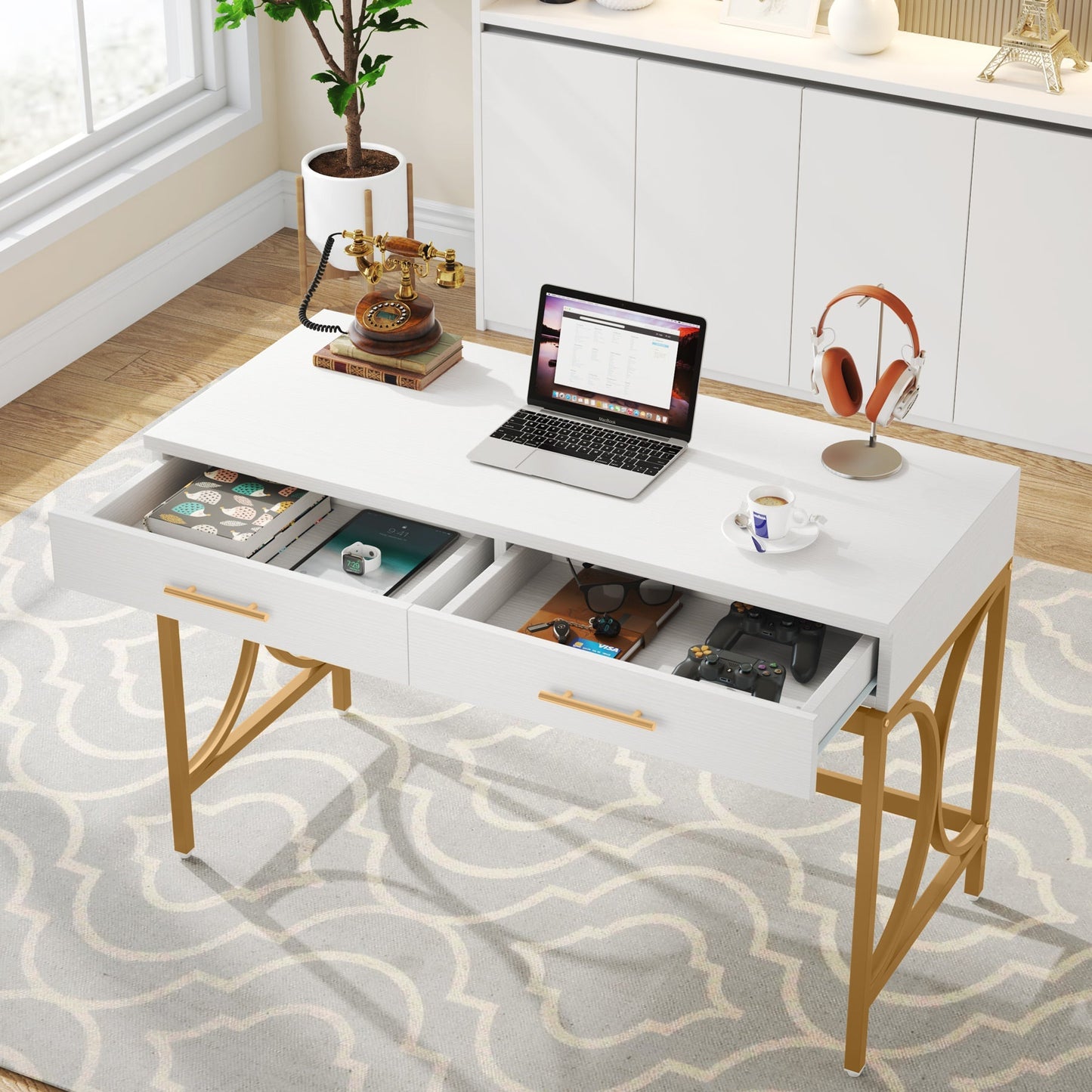 Schreibtisch mit 2 Schubladen, Computertisch, Bürotisch, Arbeitstisch Laptoptisch, Tisch Büro Schreibtisch - Tribesings