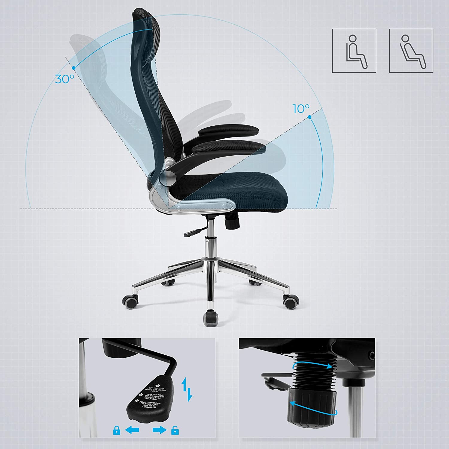 ergonomischer stuhl, klappstuhl, schreibtischstuhl ergonomisch, Bürostuhl mit verstellbarer Rückenlehne - SONGMICS