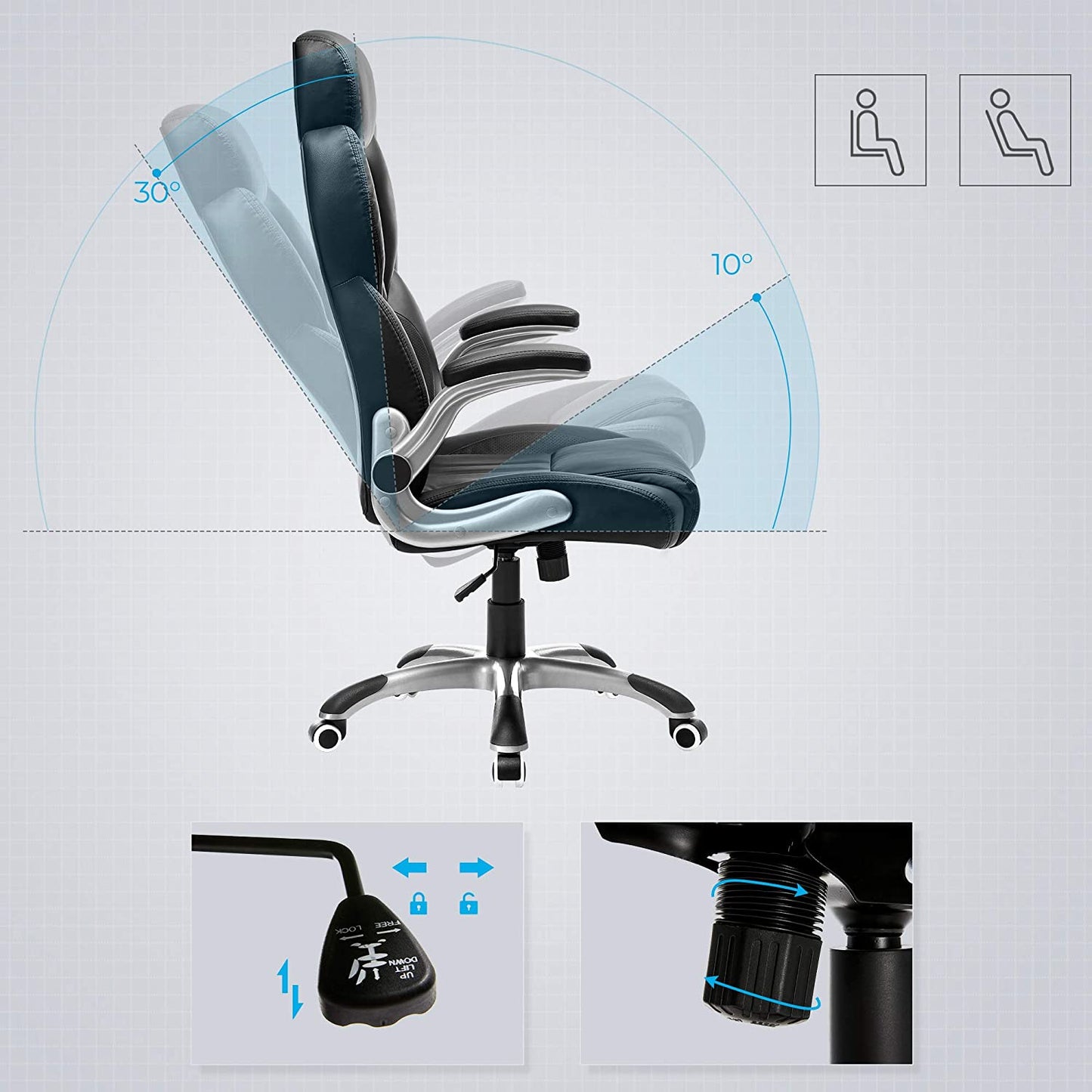 Gaming Stuhl, Gaming Sessel, Schreibtisch Stuhl, Gaming Bürostuhl, Bis 150Kg belastbar, mit klappbaren Armlehnen, Songmics, 5