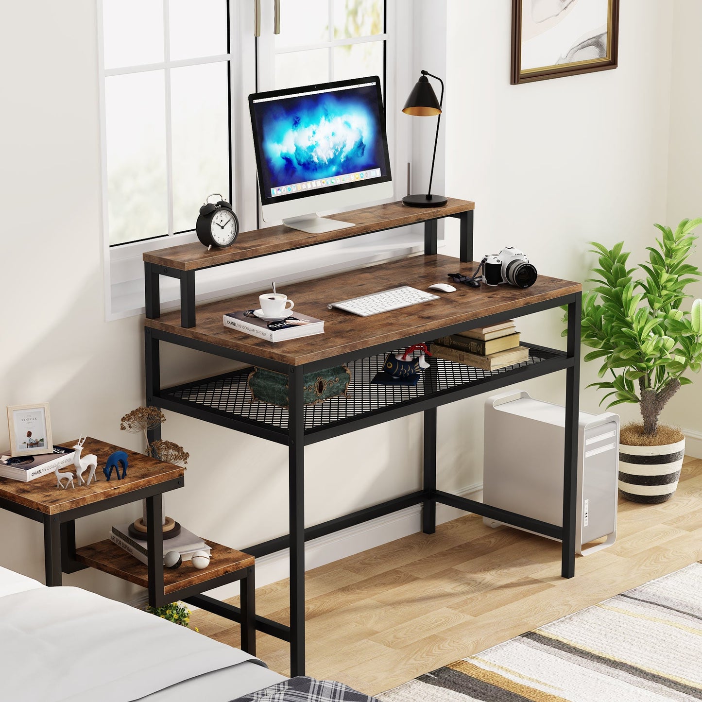 Tribesigns - Computer Schreibtisch, Schreibtisch, Schreibtisch Workstation mit Eisenrohrrahmen, 4-Würfel Bücherregal für Home Office