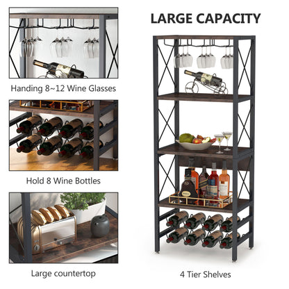 Tribesigns - Wein-Bäcker-Regal, 4-stöckig, industrielles Weinregal, freistehender Boden mit Glashalter und Weinaufbewahrung, rustikales Braun