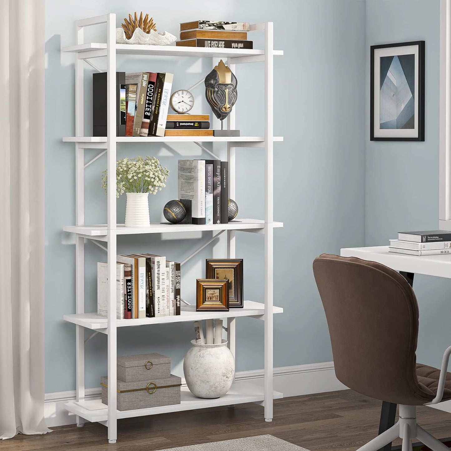 Tribesigns - Bücherregal, 5 Ebenen, weißes Bücherregal mit Metallrahmen, modernes hohes Bücherregal für Wohnzimmer, Arbeitszimmer, Home Office, weiß