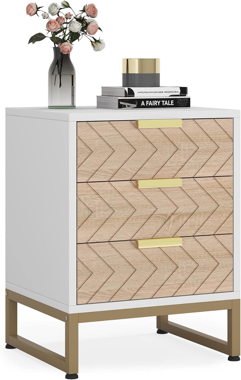 Tribesigns - Nachttisch mit 3 Schubladen, Nachttisch mit einzigartigem Zickzack Design, Beistelltisch für Schlafzimmer und Wohnzimmer, Weiß & Gold