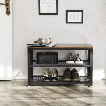 Schuhbank, Schuhregal, mit 2 Ablagen, bis 90 kg belastbar, Aufbewahrung für Schuhe, Wohnzimmer, Vintagebraun
