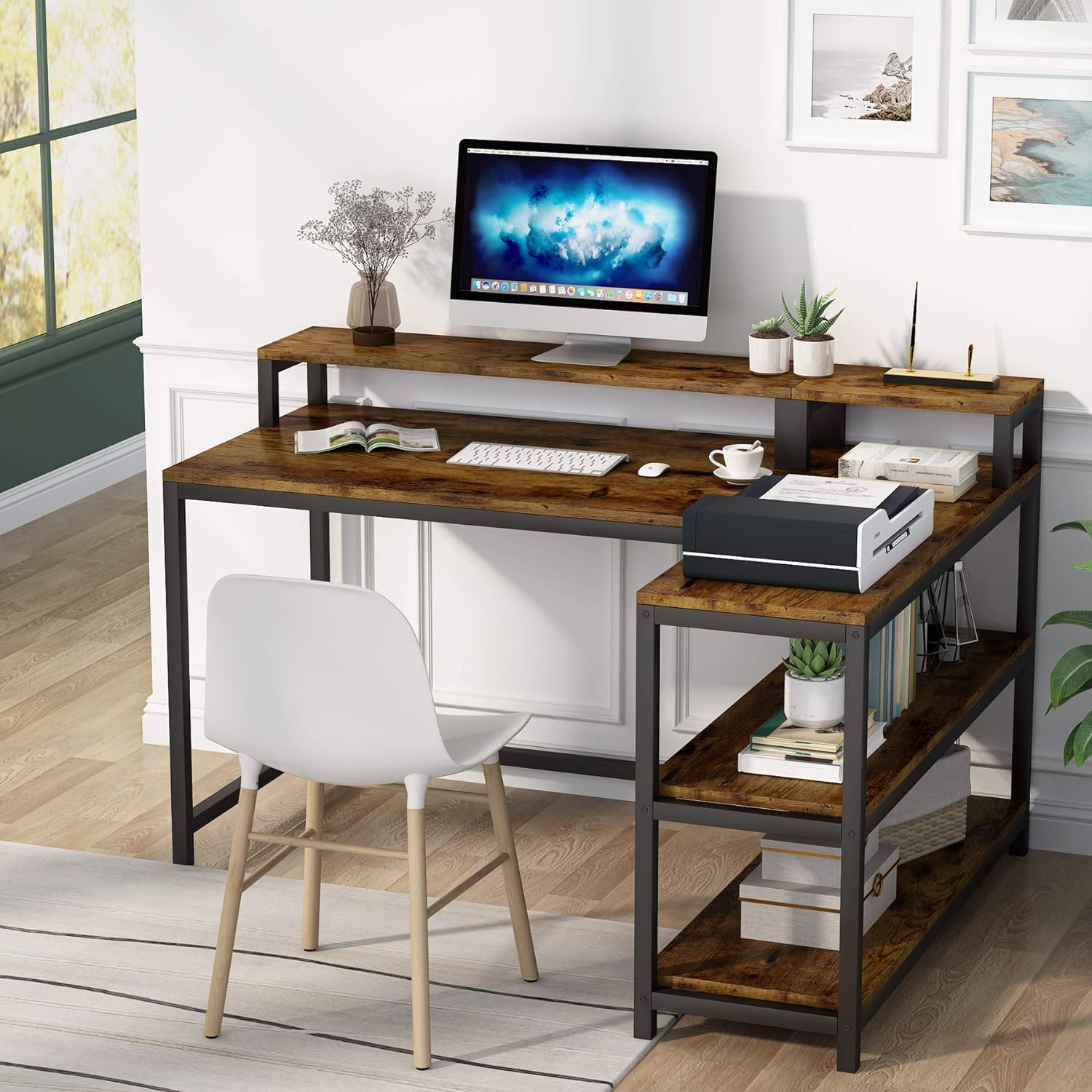 Computertisch, Schreibtisch L Form, L Schreibtisch, mit Monitorständer und Ablagen, Eckschreibtisch, Tribesigns, 2
