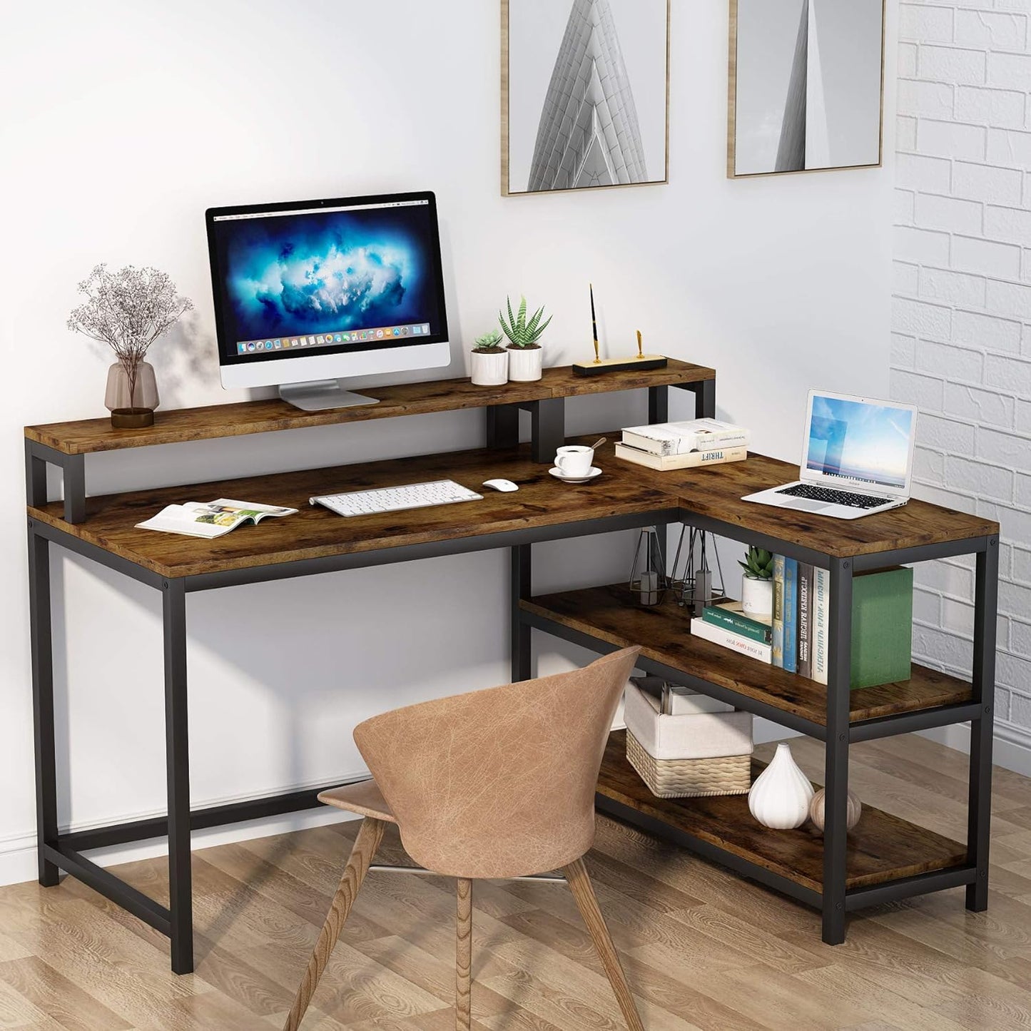 Computertisch, Schreibtisch L Form, L Schreibtisch, mit Monitorständer und Ablagen, Eckschreibtisch, Tribesigns, 1