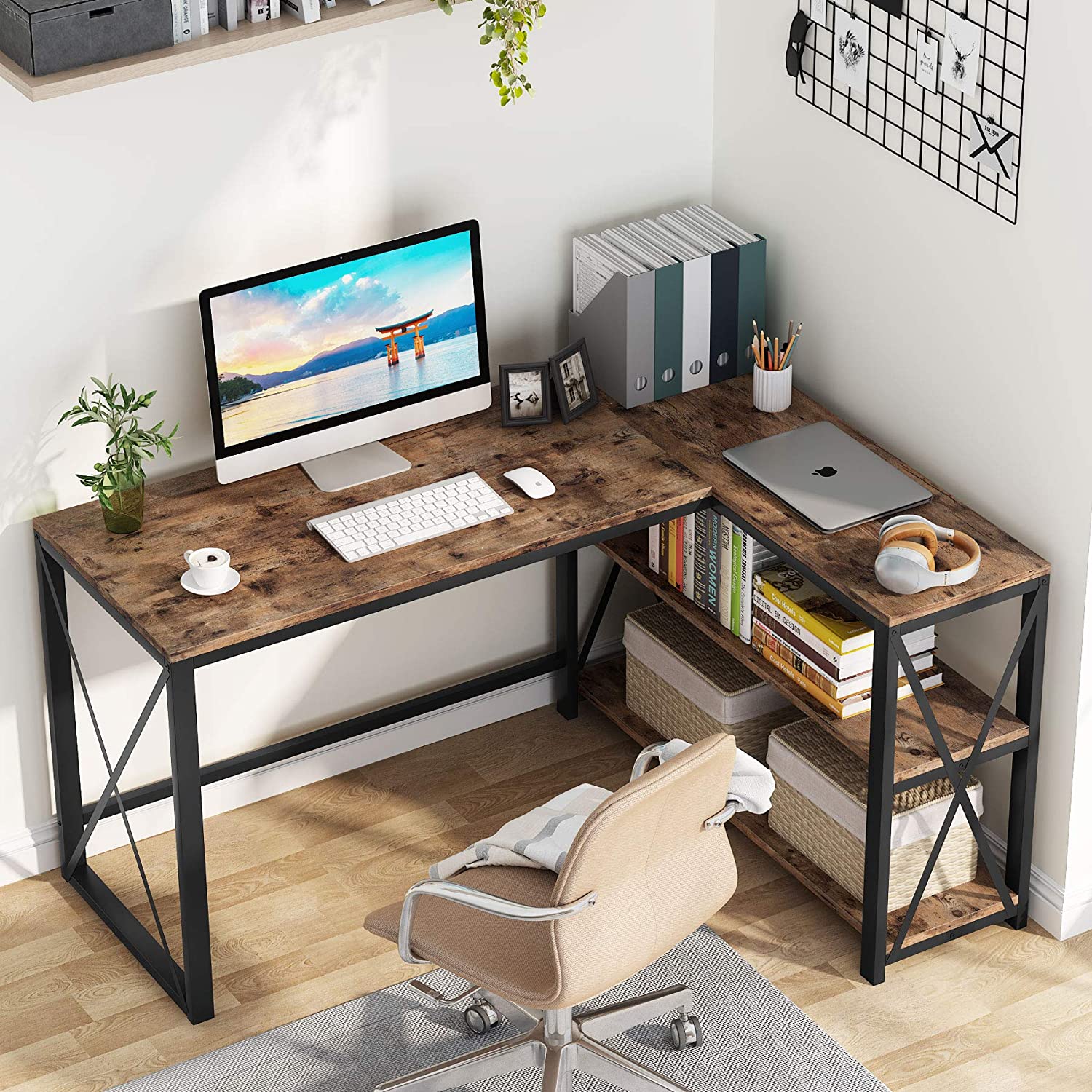 Schreibtisch, Schreibtisch L form, L Schreibtisch, L-förmiger Computertisch mit 2 Ablagen,  Gaming PC Tisch, Tribesigns, 3