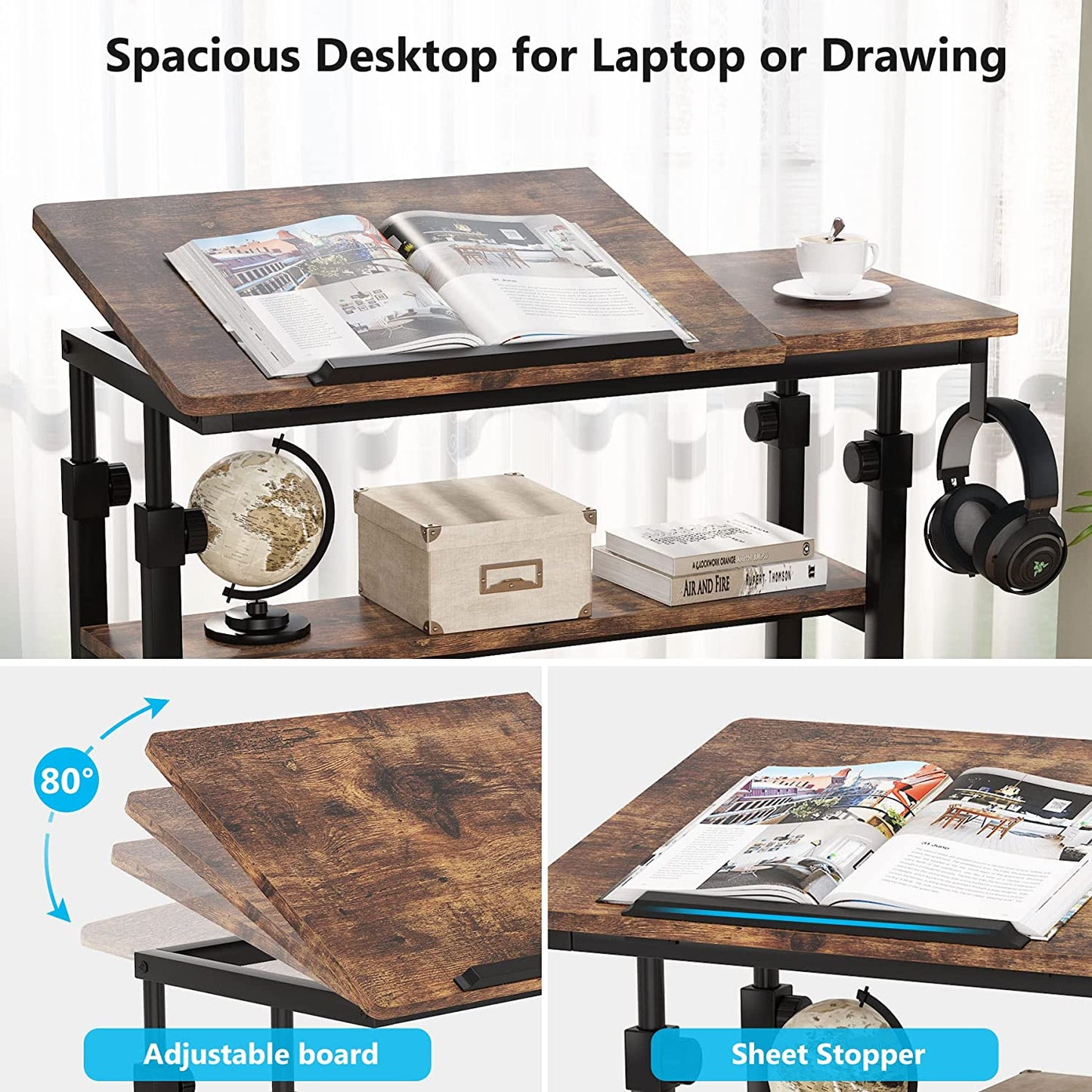 Tribesigns - Tragbarer Schreibtisch für Schlafsofa, höhenverstellbarer Laptoptisch, rollender Computerwagen mit kippbarem Zeichenbrett