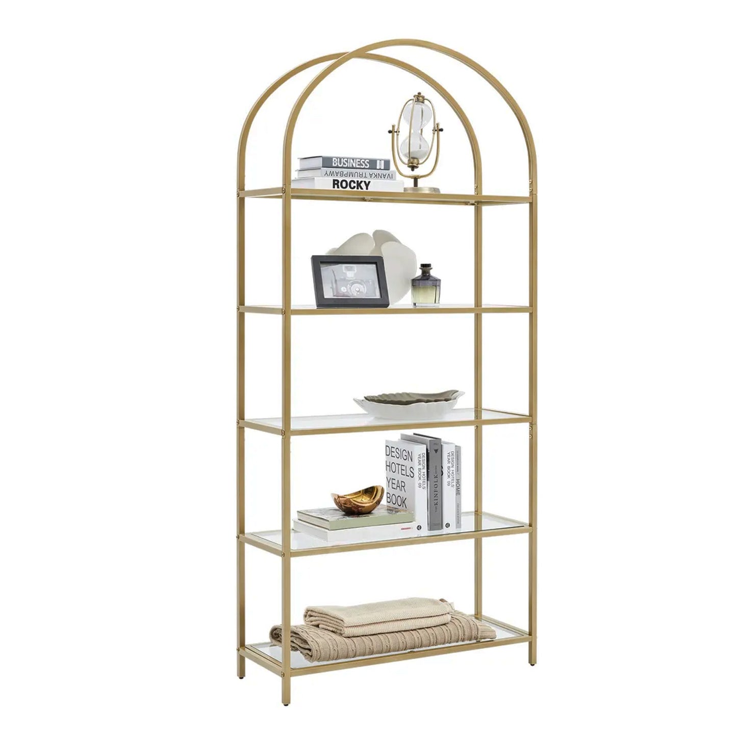 Bücherregal, Bücherregal mit 5 Ebenen, Bücherregal Gold, aus Hartglas, Standregal, Goldfarben, Vasagle, 12
