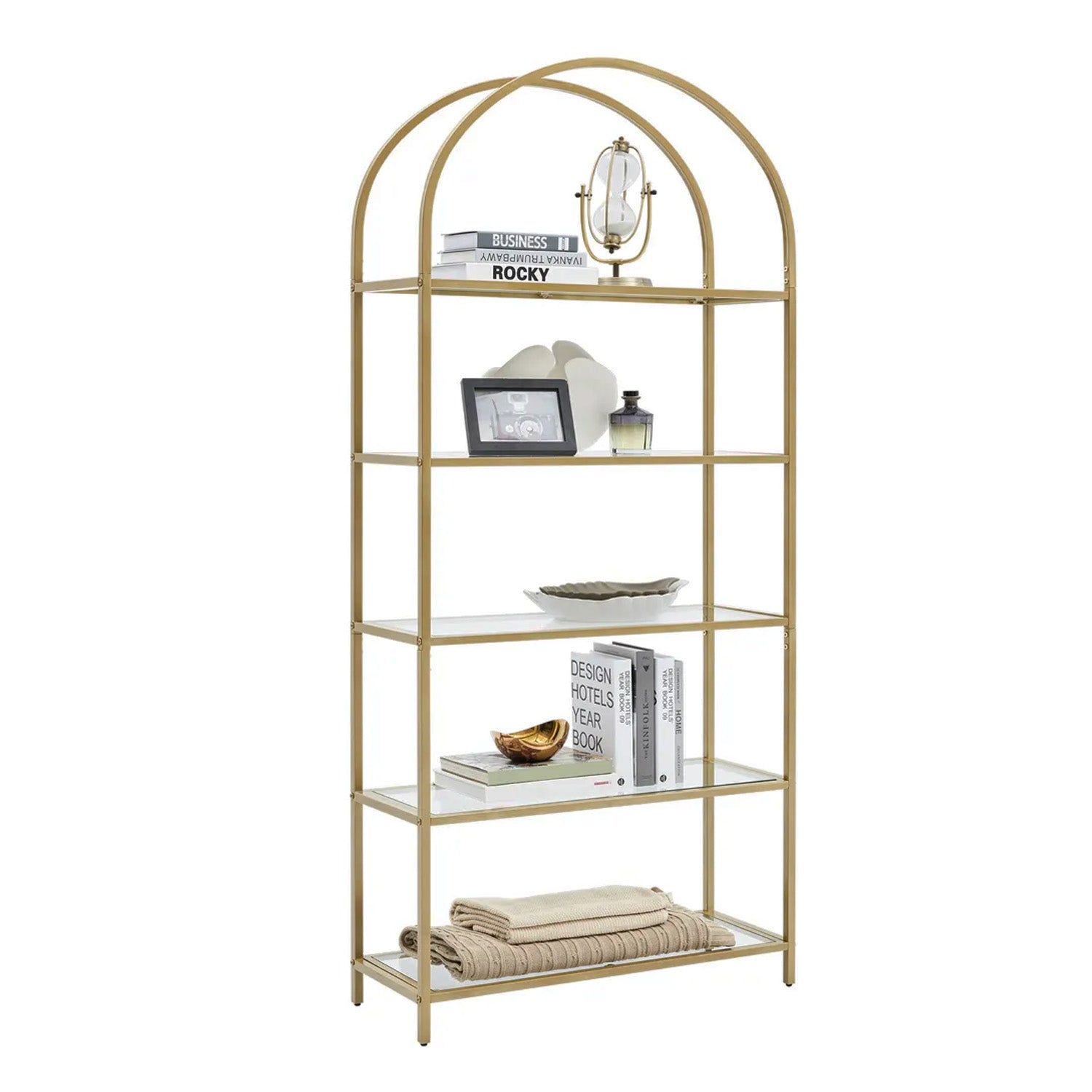 Bücherregal, Bücherregal mit 5 Ebenen, Bücherregal Gold, aus Hartglas, Standregal, Goldfarben, Vasagle, 12