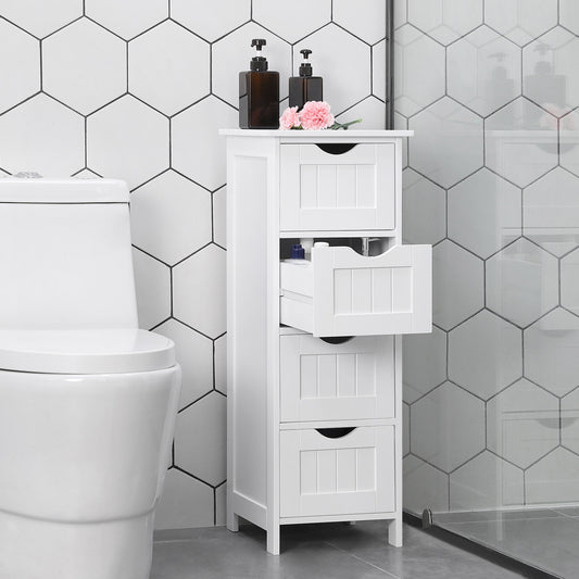 Badschrank, Badschrank aus Holz, Badezimmerschrank, mit 4 Schubladen, Weiß, Vasagle, 1