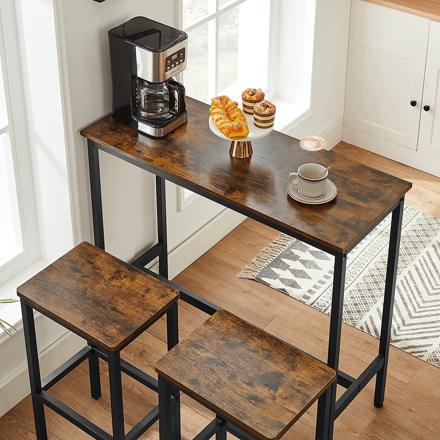 Bartisch mit Hocker, Essgruppe, Bartisch-Set, Bartisch mit 2 Stühlen set, Stehtisch  mit 2 Barhockern, VASAGLE, 4