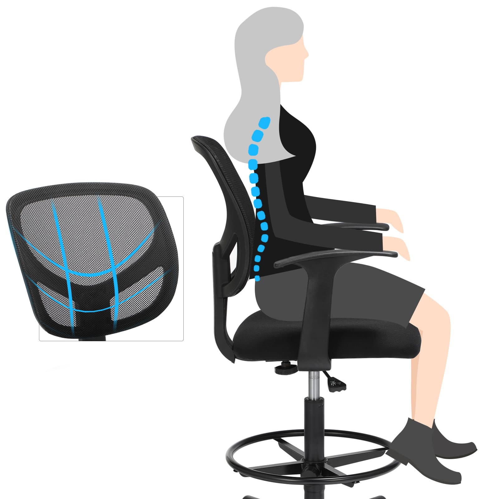 Bürostuhl, ergonomischer Stuhl, Bürostuhl aus Stoff, schwarz - SONGMICS 3
