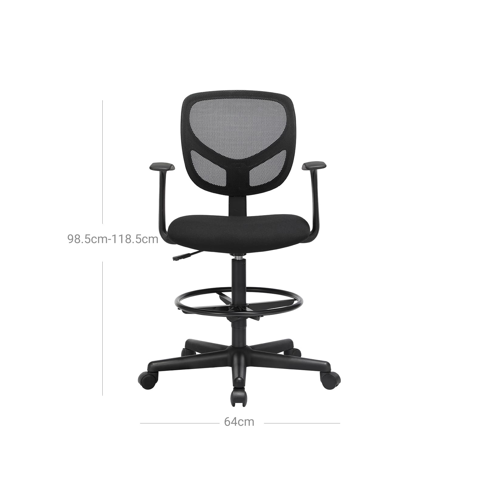 Bürostuhl, ergonomischer Stuhl, Bürostuhl aus Stoff, schwarz - SONGMICS, H 98.5-118.5 cm, B 64 cm