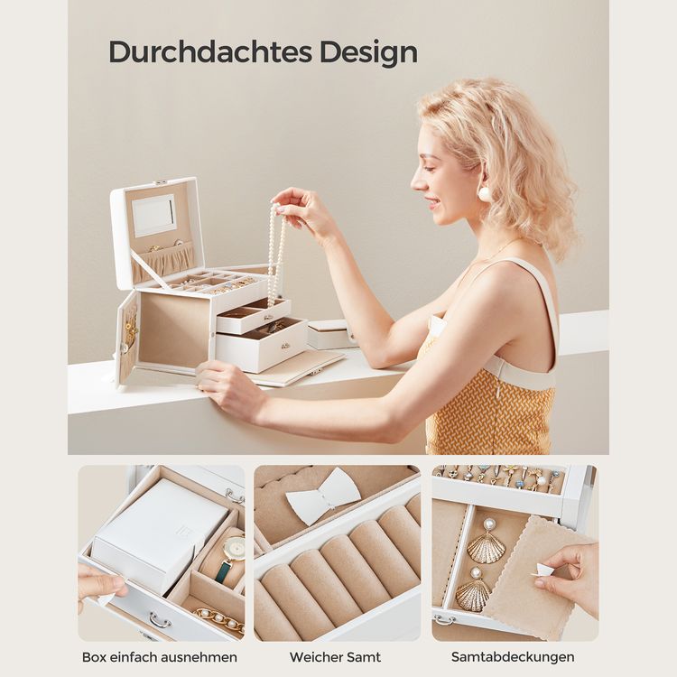 Songmics - Schmuckkasten, Schmuckschatulle mit 2 Schubladen, abschließbarer Schmuck-Organizer mit Spiegel, herausnehmbare Reise-Box, für Ringe