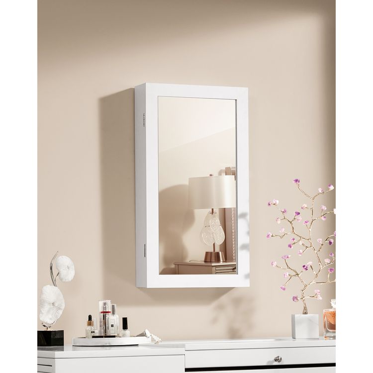 Songmics - hängend, Schmuckschrank, Wandspiegel zum Hängen, mit Tür und Magnetverschluss, Wandmontage, mit Spiegel, für Wand 67x37x10,5 cm Weiß