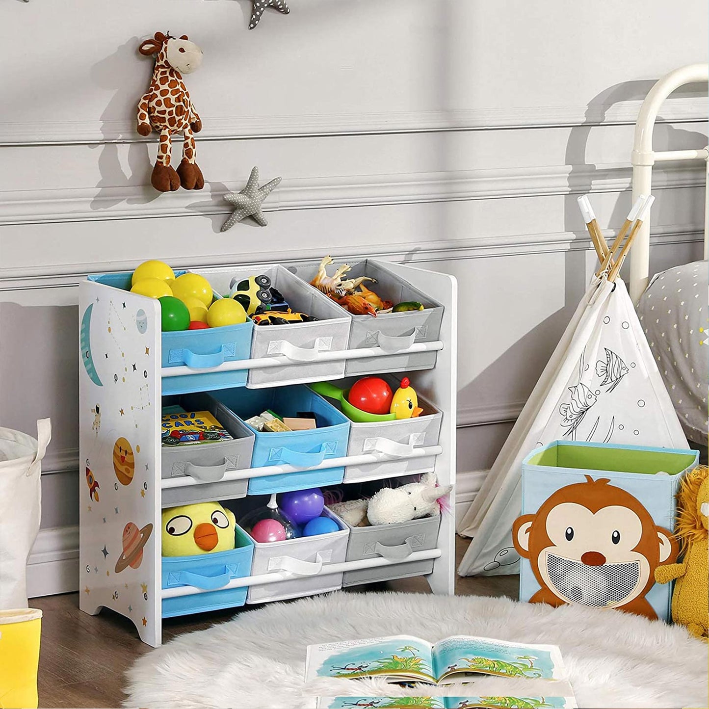 Kinderzimmerregal, Spielzeug-Organizer, Bücherregal für Kinder, mit 9 Aufbewahrungsboxen aus Fleece