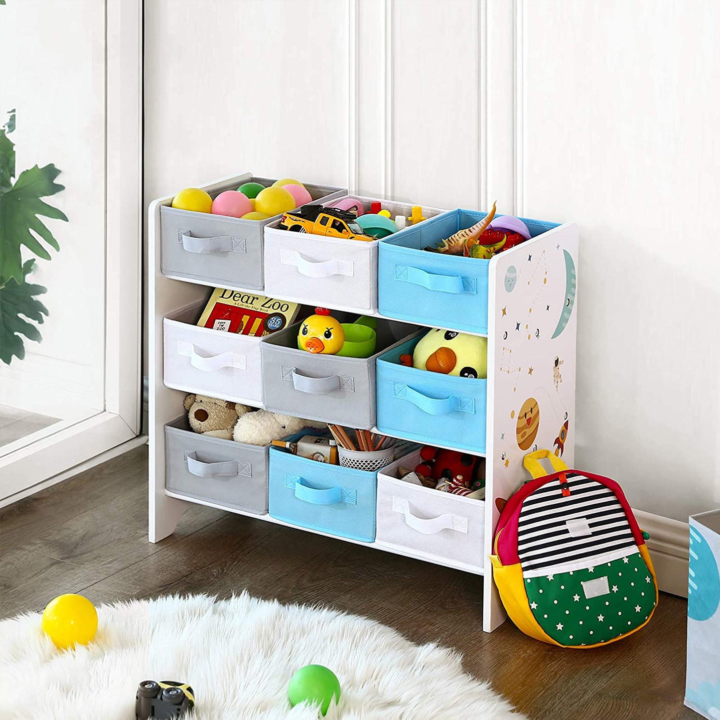 Songmics - Kinderzimmerregal, Spielzeug-Organizer, Bücherregal für Kinder, mit 9 Aufbewahrungsboxen aus Fleece, Kinderzimmer, Schule, Kindergarten