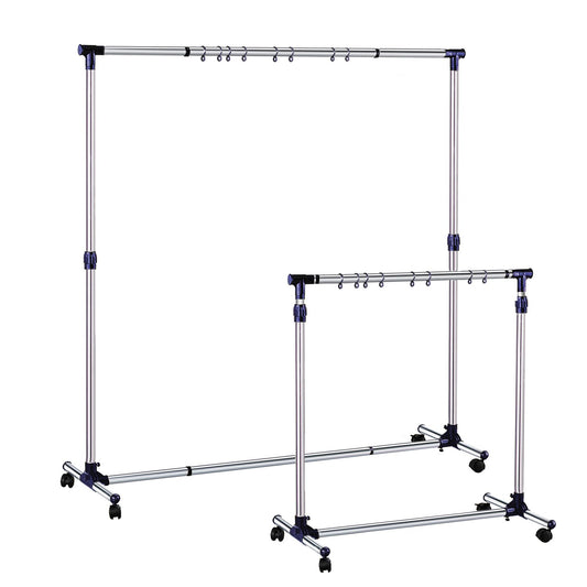 Kleiderständer, Kleiderständer auf rollen, ausziehbare Länge und Höhe 86-143x44x100-165 cm, Garderobenständer, aus Edelstahl, sn