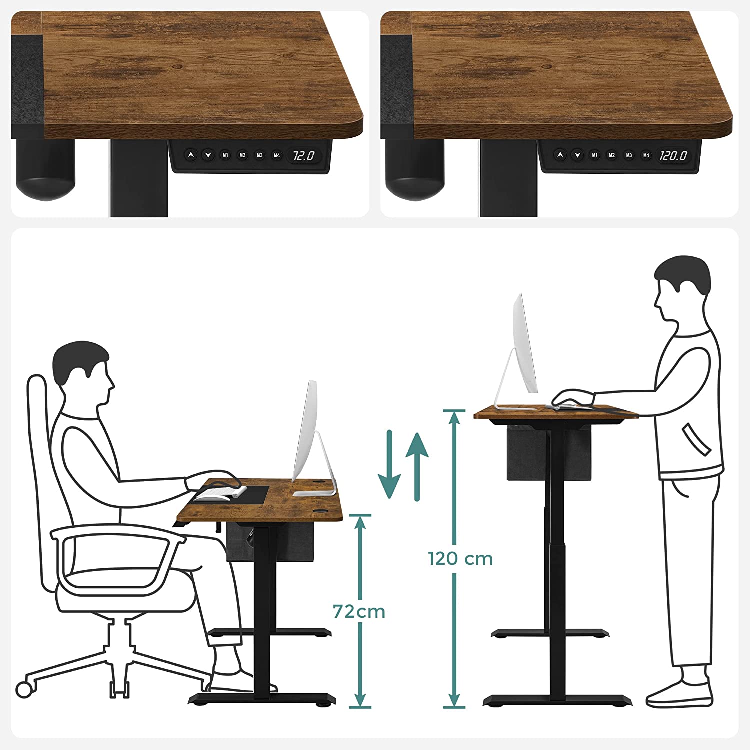 Sie können die Höhe des elektrischen Schreibtischs zwischen 72 und 120 cm verstellen und 4 bevorzugte Höhen speichern