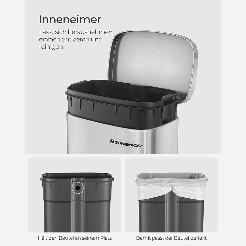 SONGMICS - Mülleimer Treteimer für die Küche, Softclose, Abfalleimer mit Deckel und Inneneimer, 30 L Abfallbehälter aus Edelstahl