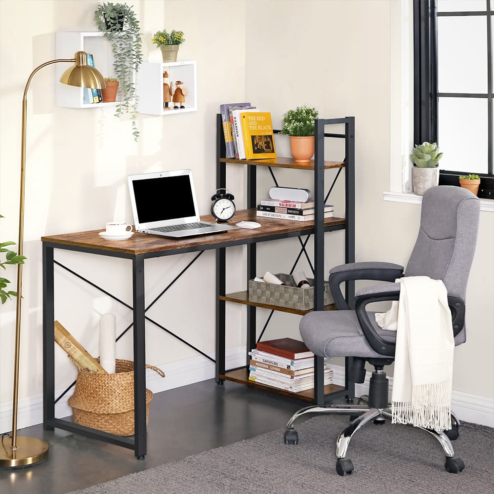 Schreibtisch, Computertisch, mit Regalböden rechts oder Links, Bürotisch, vintagebraun-schwarz, 120 cm, VASAGLE, 1