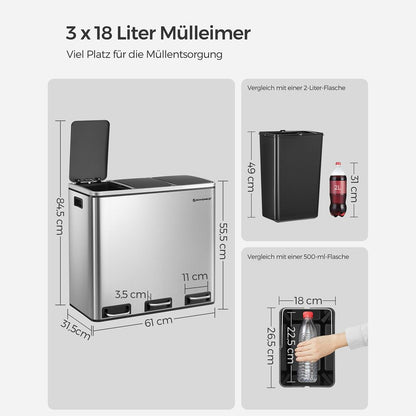 Mülleimer, Mülleimer Küche, 54 Liter, 3 x 18 L, Mülleimer 3 Fächer, Mülltrennsystem, Abfalleimer, Treteimer, SONGMICS, 7