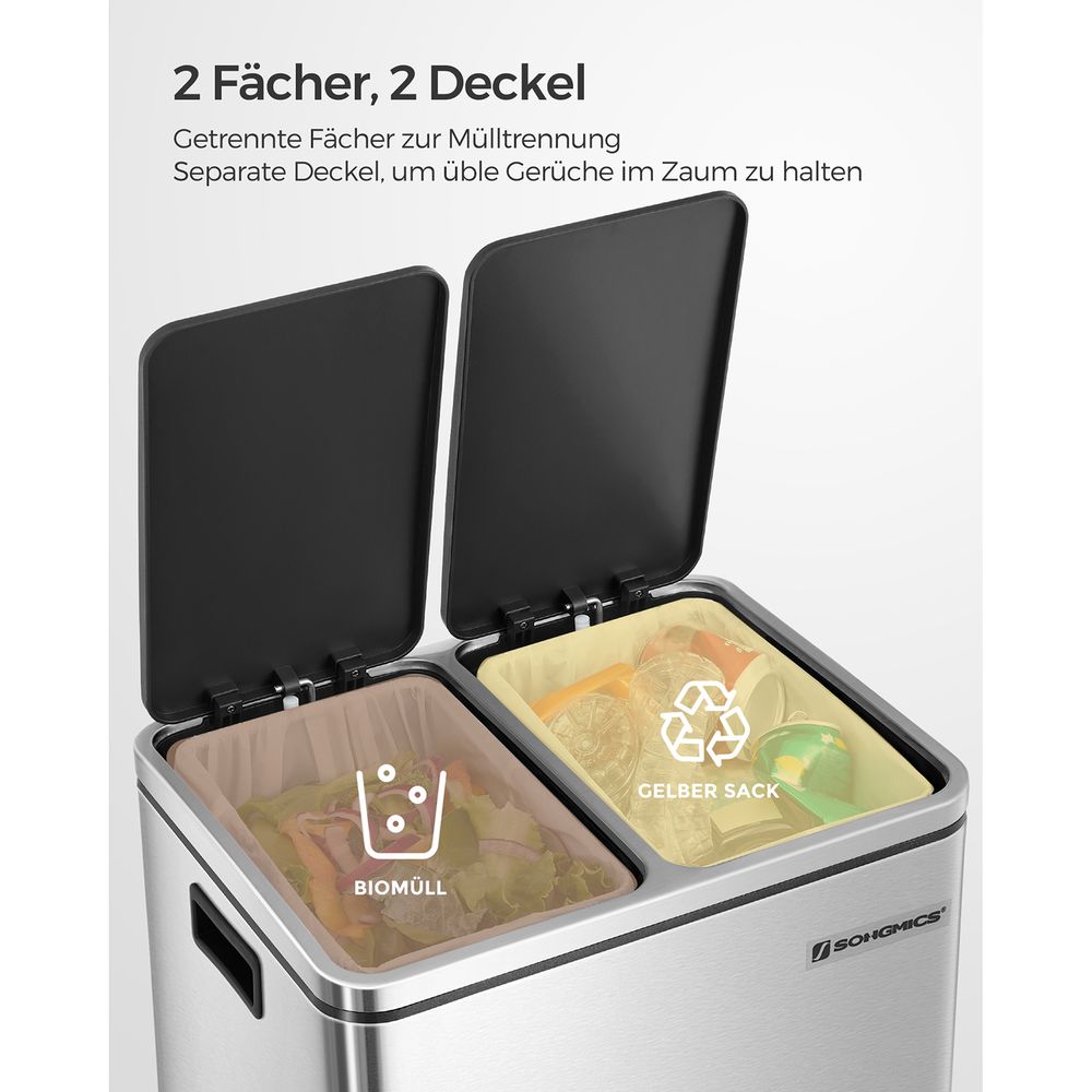 Mülleimer, Mülleimer Küche, Mülleimer 2 Fächer, 2x15 L, 30 L, Mülltrennung Mülltrennsystemen, mit 2 Inneneimern, SONGMICS, 2