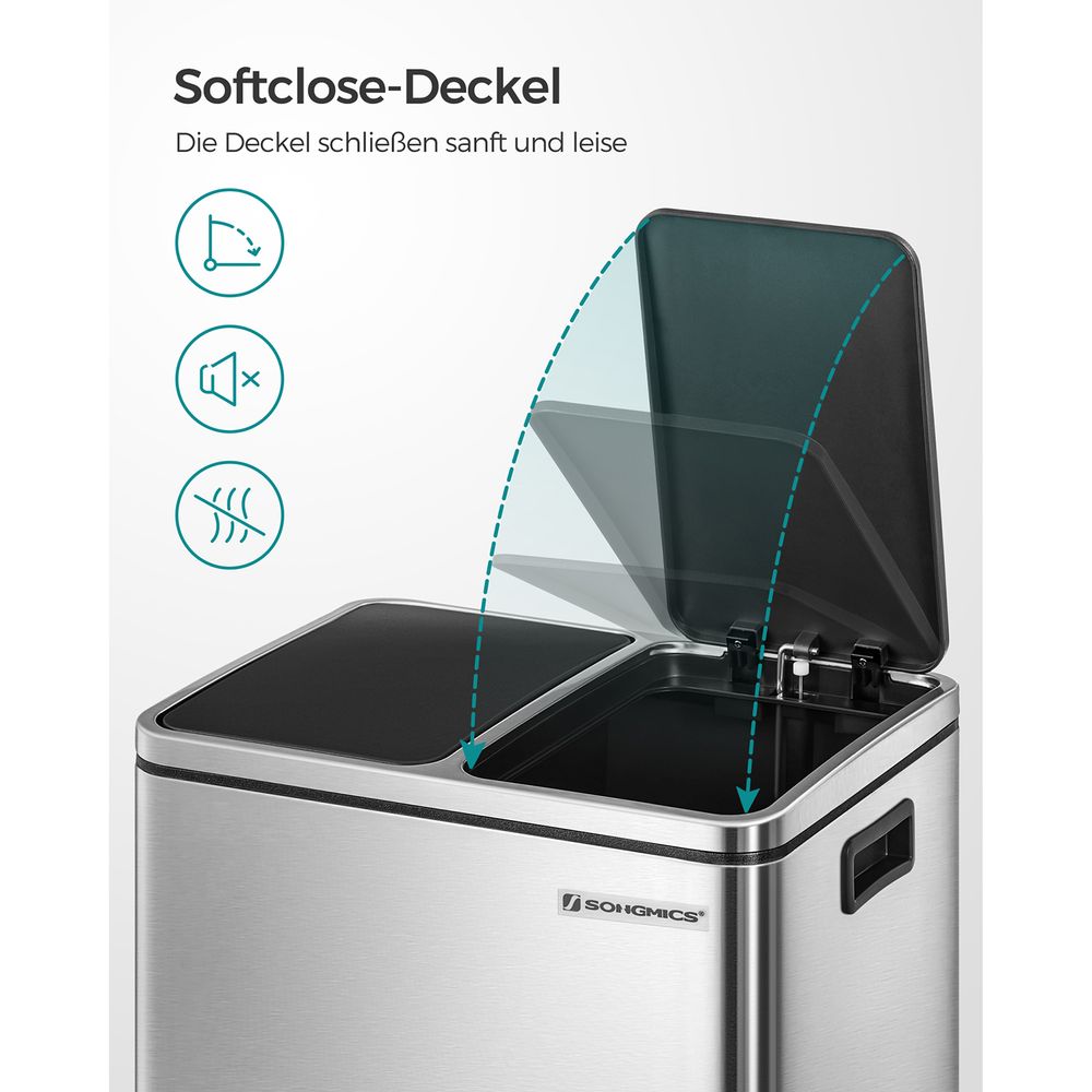 Mülleimer, Mülleimer Küche, Mülleimer 2 Fächer, 2x15 L, 30 L, Mülltrennung Mülltrennsystemen, mit 2 Inneneimern, SONGMICS, 3