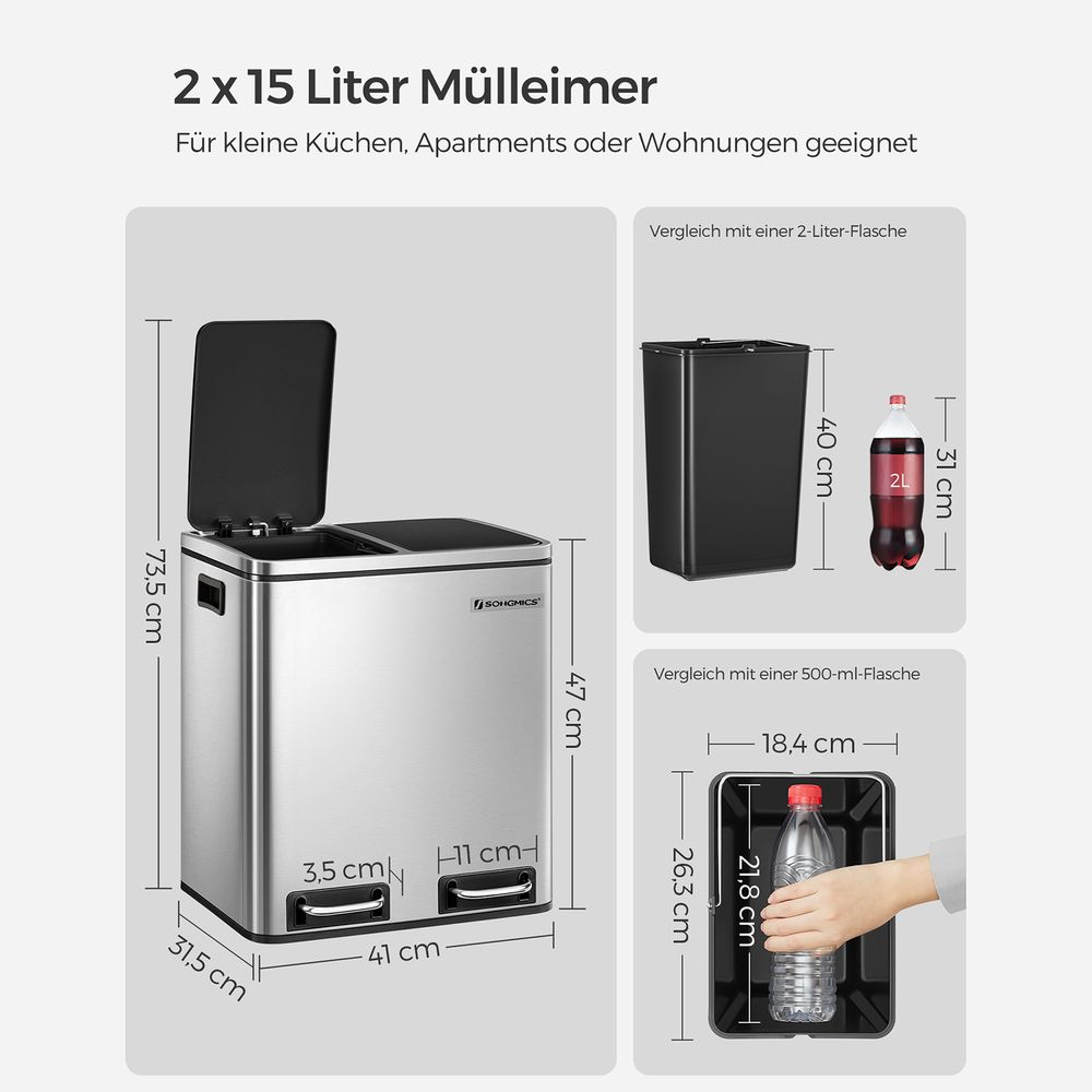 Mülleimer, Mülleimer Küche, Mülleimer 2 Fächer, 2x15 L, 30 L, Mülltrennung Mülltrennsystemen, mit 2 Inneneimern, SONGMICS, 4