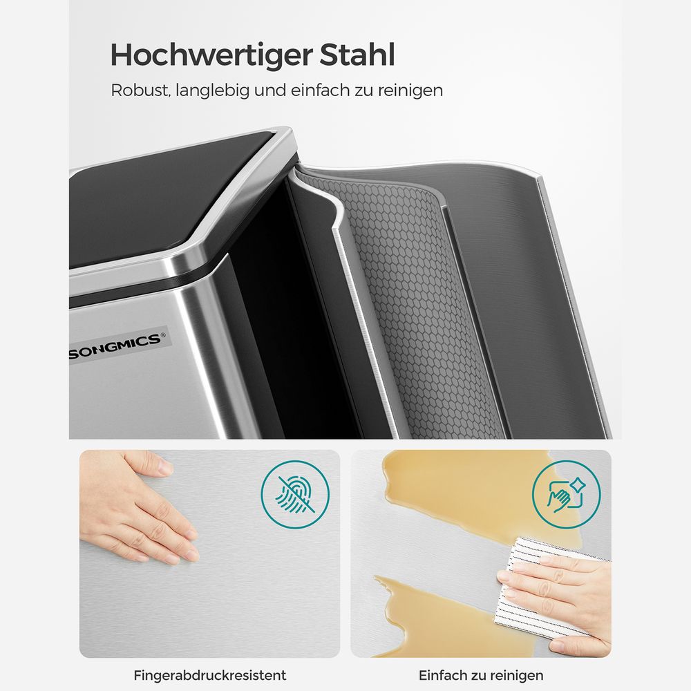 Mülleimer, Mülleimer Küche, Mülleimer 2 Fächer, 2x15 L, 30 L, Mülltrennung Mülltrennsystemen, mit 2 Inneneimern, SONGMICS, 5