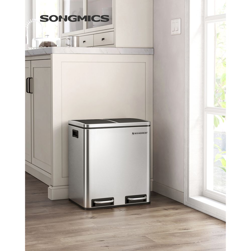 Mülleimer, Mülleimer Küche, Mülleimer 2 Fächer, 2x15 L, 30 L, Mülltrennung Mülltrennsystemen, mit 2 Inneneimern, SONGMICS, 61