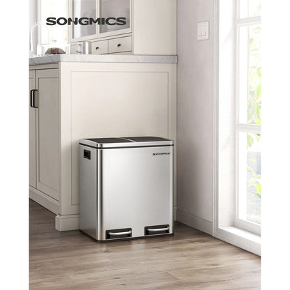 Mülleimer, Mülleimer Küche, Mülleimer 2 Fächer, 2x15 L, 30 L, Mülltrennung Mülltrennsystemen, mit 2 Inneneimern, SONGMICS, 61