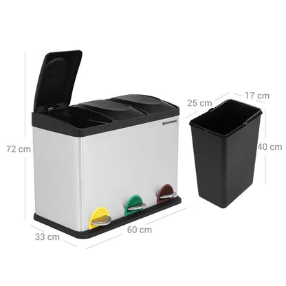 Mülleimer, Mülleimer Küche, Mülleimer 3 Fächer, 45 Liter, 3x15L, Abfalleimer Küche, Mülltrennsystem Küche, SONGMICS, 1